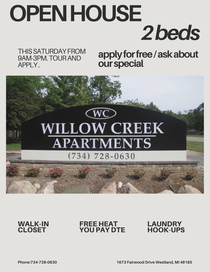 This Saturday apply for free at Willow Creek Apartments