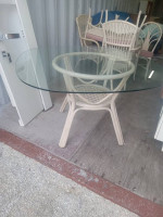 4' x 4' Rounded Glass White Wicker Table With 5 Chairs