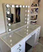 New Makeup Vanity with Mirror, 12 LED Lights, Glass Top, 8 Drawers, Power Outlet and Chair