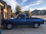 Blue 1991 Dodge D250 truck parked on a driveway with houses in the background.