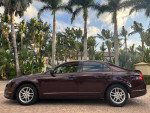 2012 Ford Fusion in raspberry red parked among palm trees, showcasing its sleek design and polished wheels.