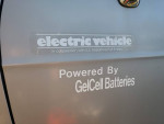 Label showing 'electric vehicle' powered by GelCell batteries on a Dodge B300 EV in Illinois.