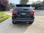 Rear view of a 2020 Jeep Cherokee Limited in a driveway with a dog in the grass