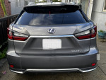 Rear view of a 2021 Lexus RX 450h in gray, showcasing its sleek design and luxury features.