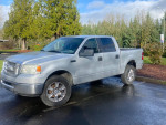 2008 Ford F150 XLT 4X4 silver truck parked on wet road with trees in background