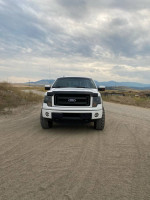 Front view of a 2014 Ford F-150 FX4 4WD on a dirt road with mountains in the background