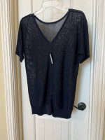 92-MMT Talbots Navy Blue 100% Linen Women’s Short Sleeve Top Size Small