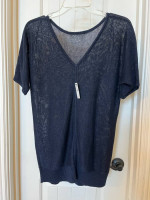 92-MMT Talbots Navy Blue 100% Linen Women’s Short Sleeve Top Size Small