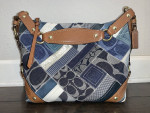 Coach Carly Patchwork Signature Hobo Handbag Denim Leather Indigo Blue